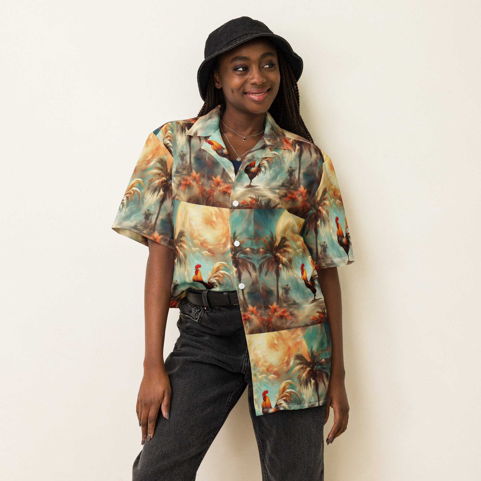 A Rooster and Palms Unisex button shirt by Gregg Acini Adoree Designs - Gregg Acini Adoree Designs - Button Down Shirt