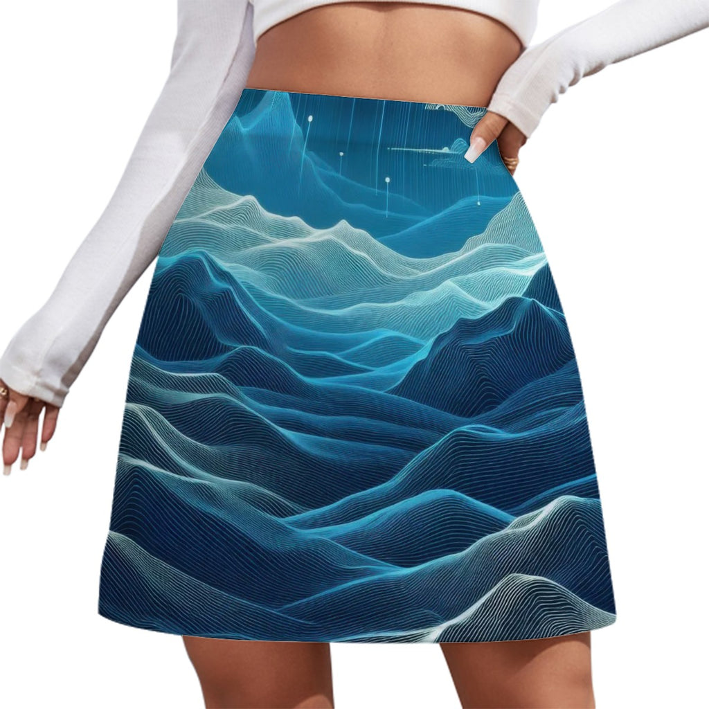 Deep Teal Waves Mini Skirt | Line Abstract Wearable Art