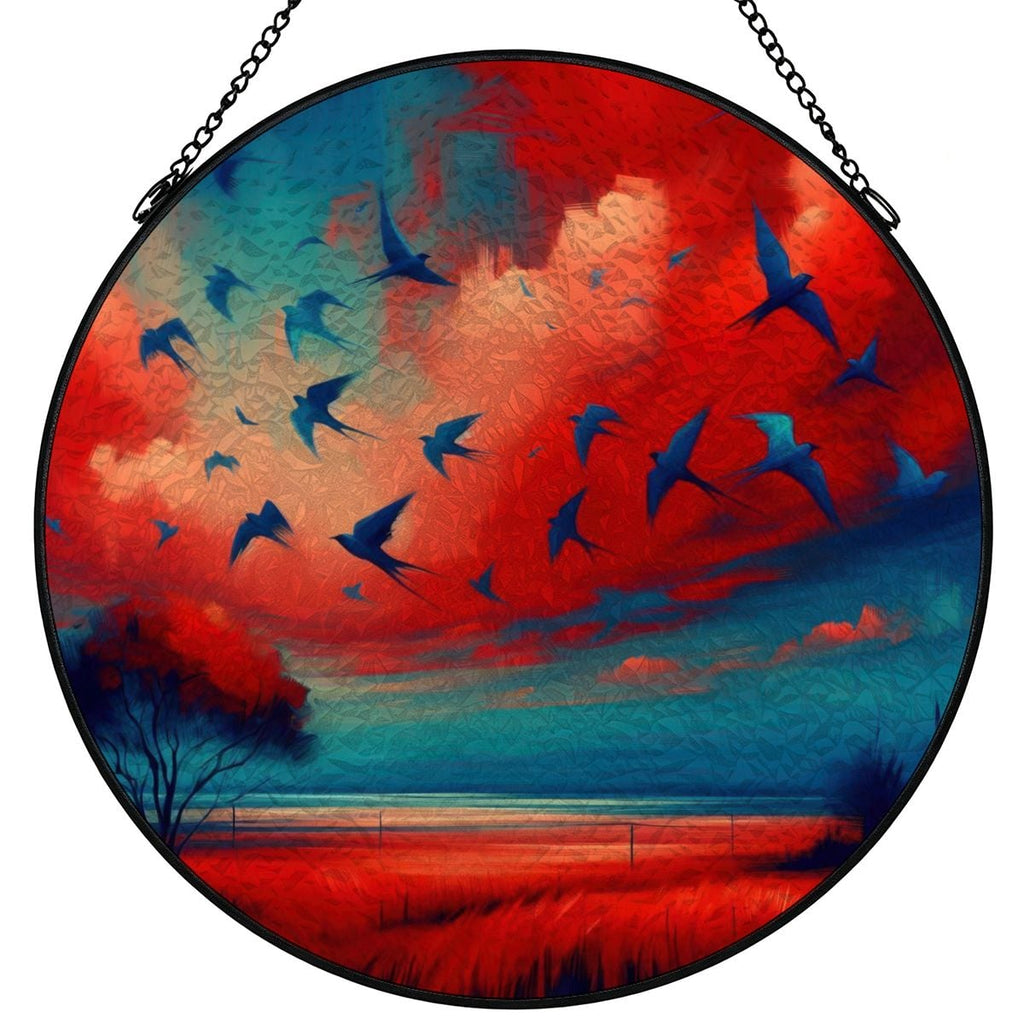 Scarlet and Turquoise Sunset Stained Glass Suncatcher Window Hanging (Made in USA)