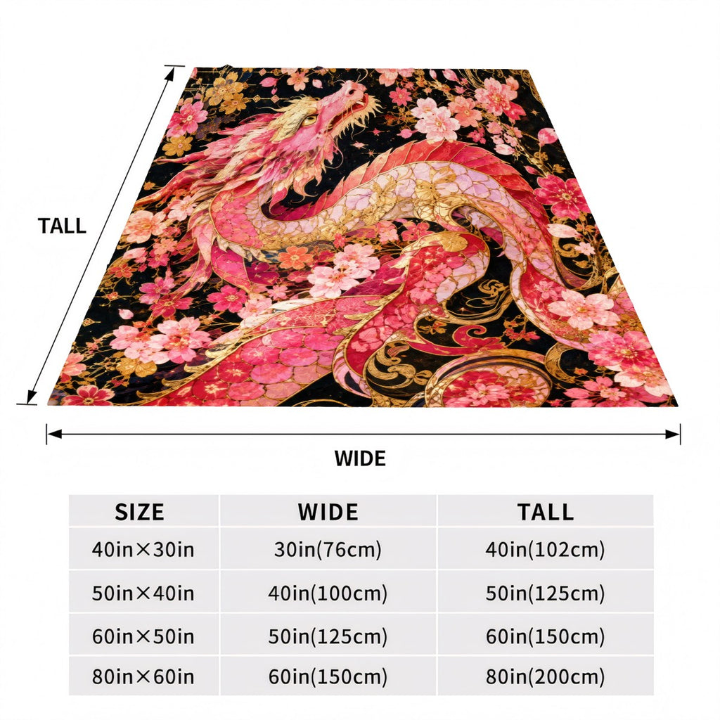 Pink and Gold Sakura Dragon Flannel Throw Blanket | Made in USA