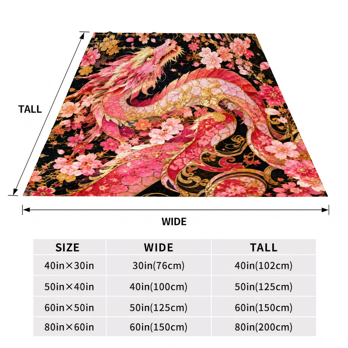 Pink and Gold Sakura Dragon Flannel Throw Blanket | Made in USA