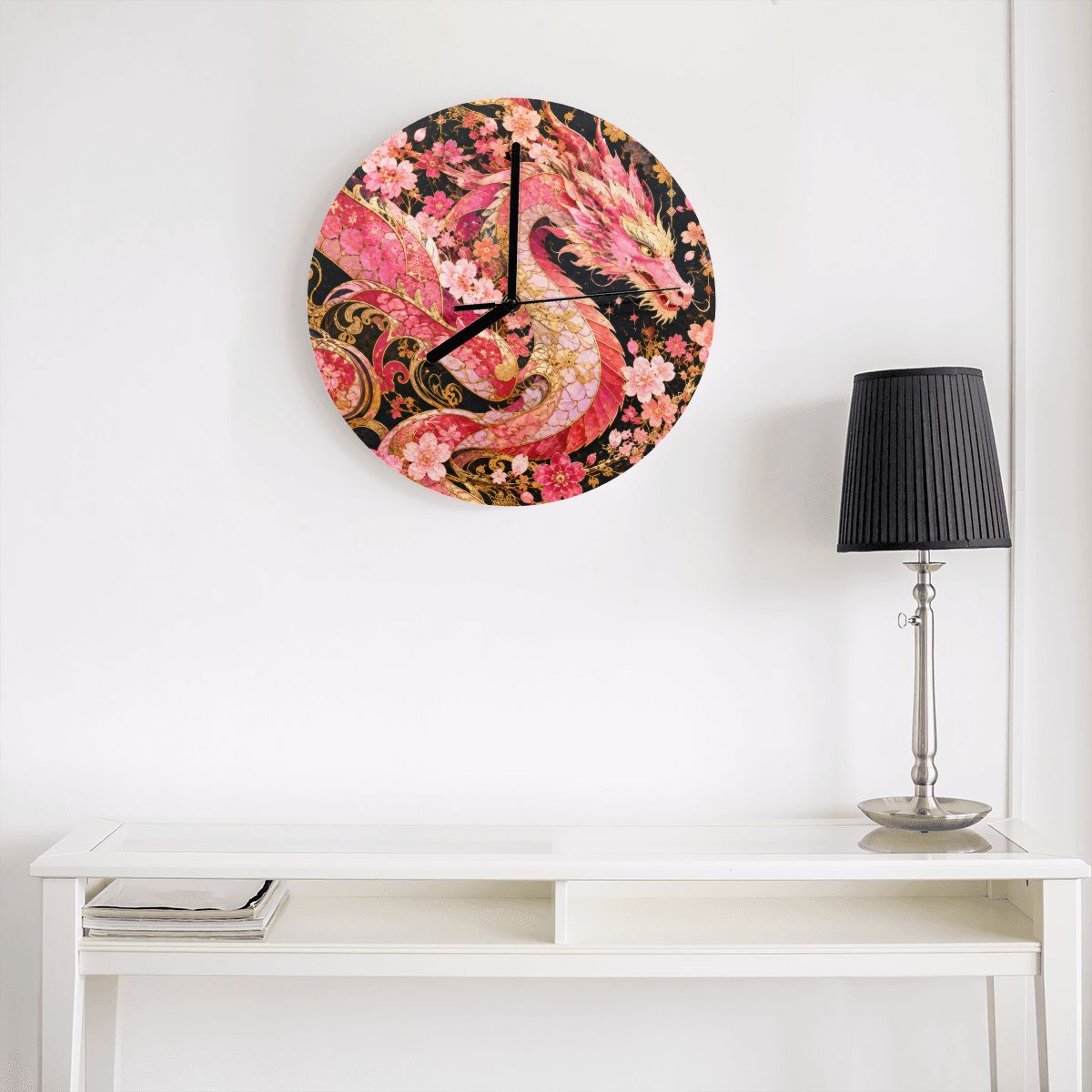 Pink and Gold Sakura Dragon MDF Wall Clock | Made in USA