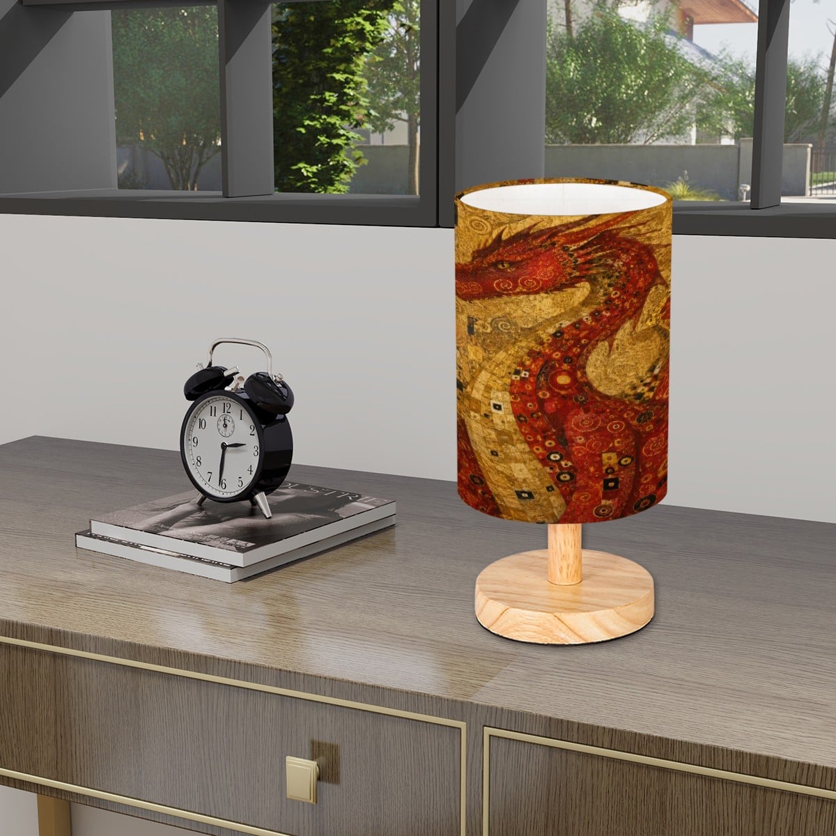 Red Dragon Cylindrical Table Lamp