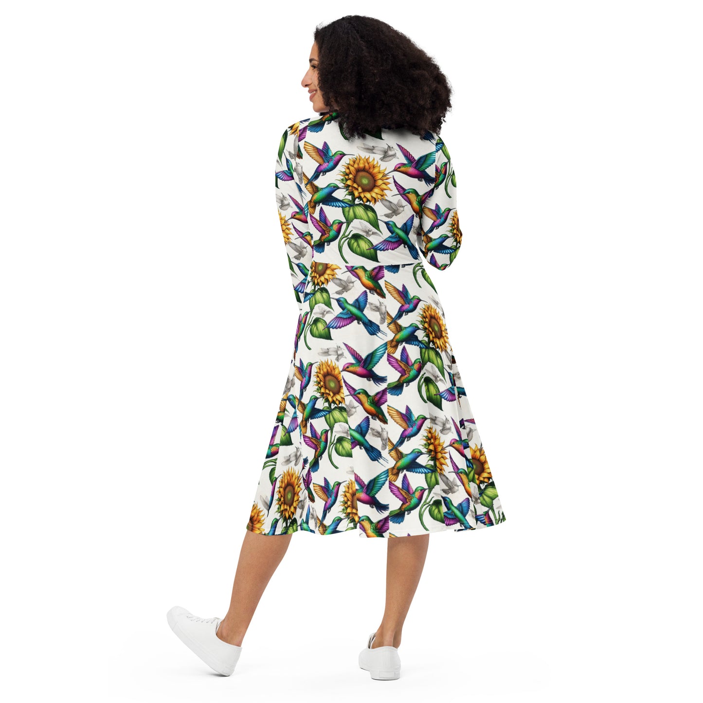 Hummingbirds and Sunflowers All-over print long sleeve midi dress by Gregg Acini Adoree Designs