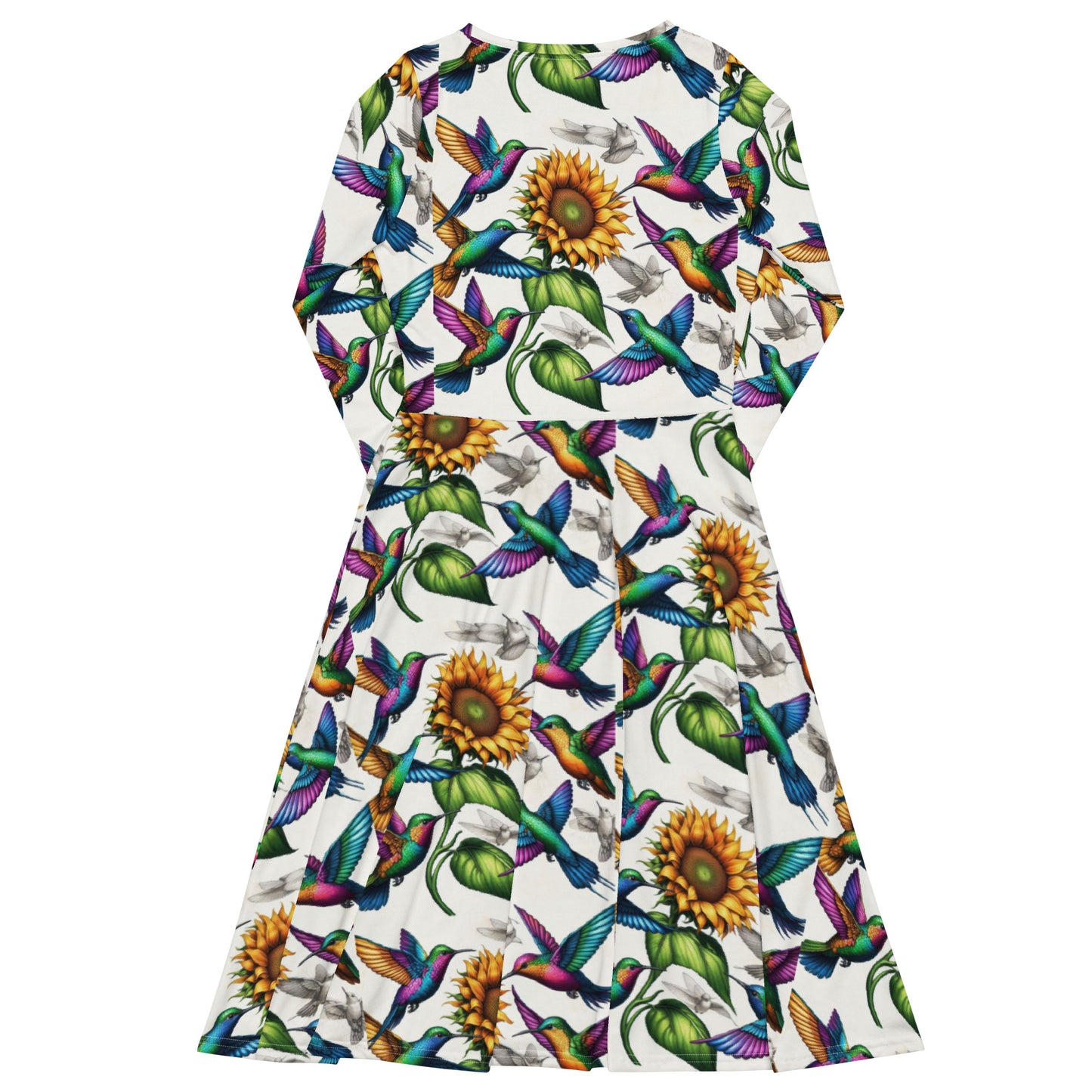 Hummingbirds and Sunflowers All-over print long sleeve midi dress by Gregg Acini Adoree Designs