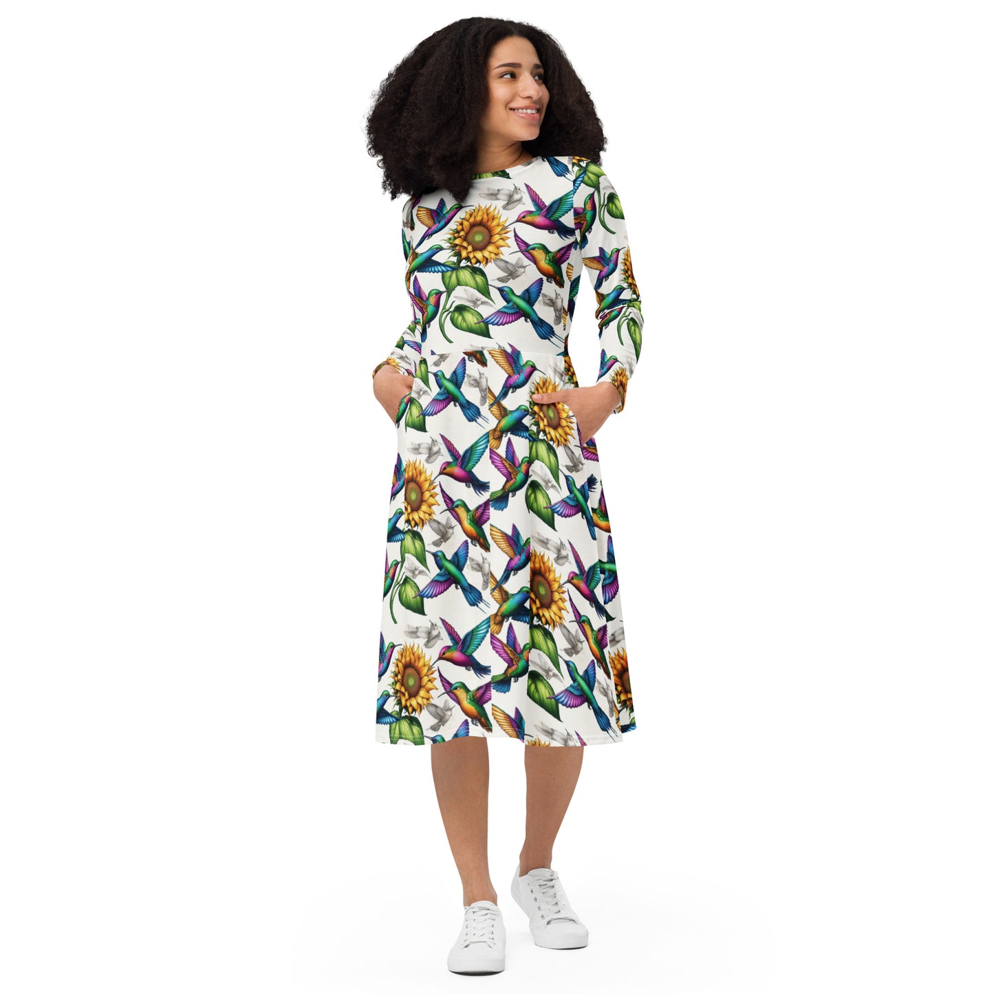 Hummingbirds and Sunflowers All-over print long sleeve midi dress by Gregg Acini Adoree Designs