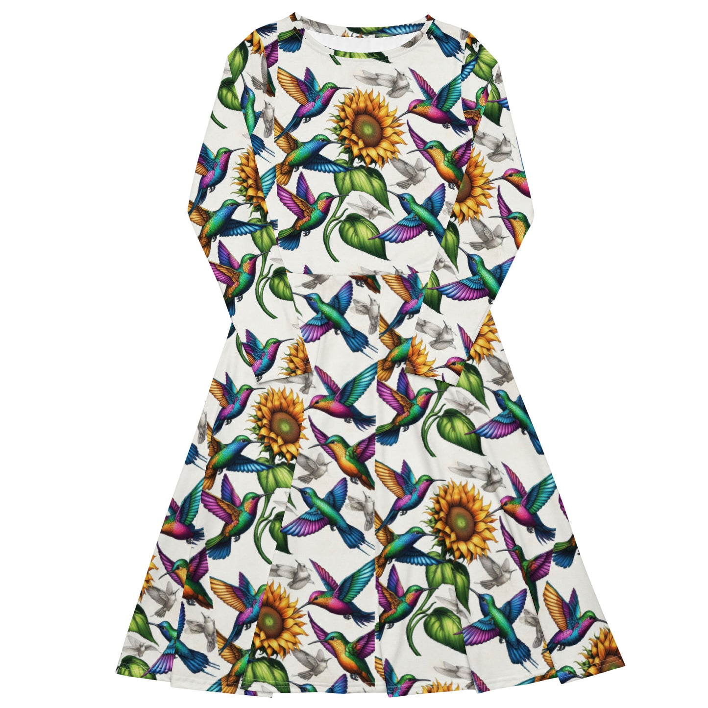 Hummingbirds and Sunflowers All-over print long sleeve midi dress by Gregg Acini Adoree Designs