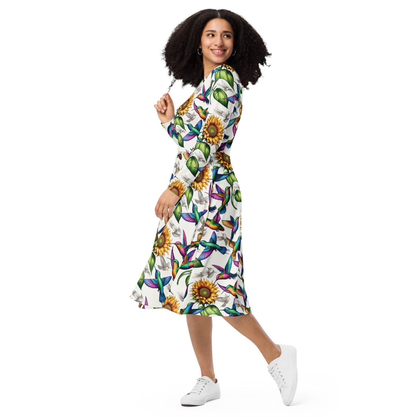 Hummingbirds and Sunflowers All-over print long sleeve midi dress by Gregg Acini Adoree Designs