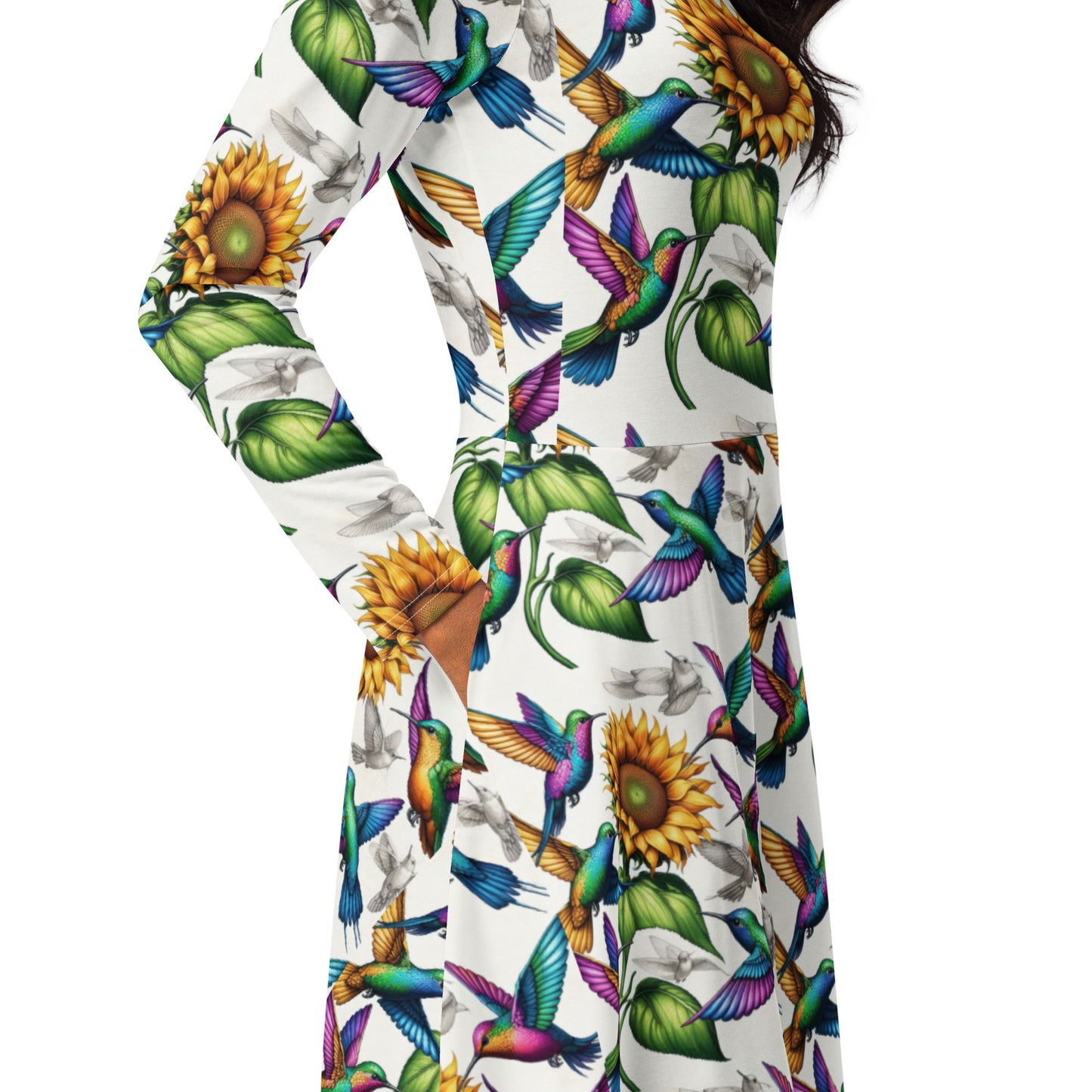 Hummingbirds and Sunflowers All-over print long sleeve midi dress by Gregg Acini Adoree Designs