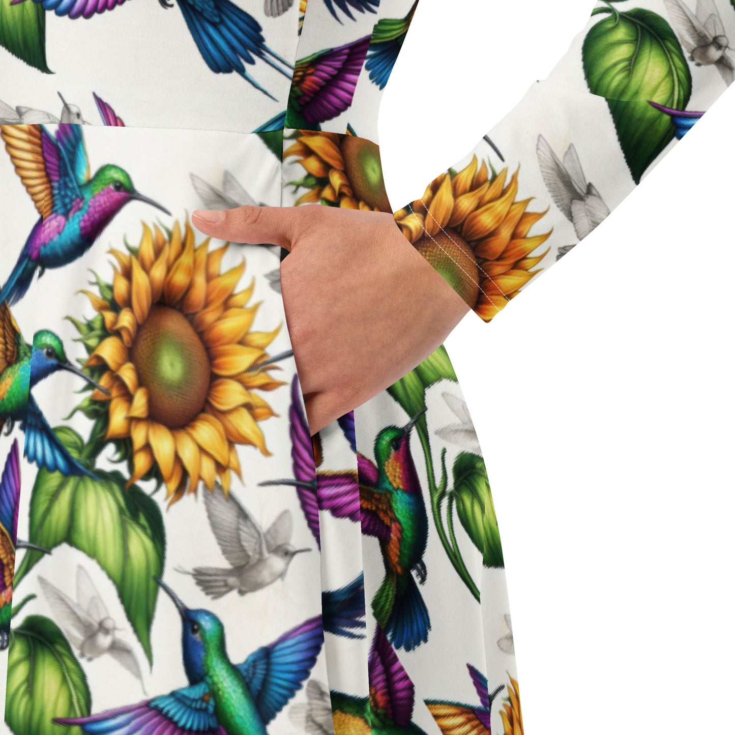 Hummingbirds and Sunflowers All-over print long sleeve midi dress by Gregg Acini Adoree Designs