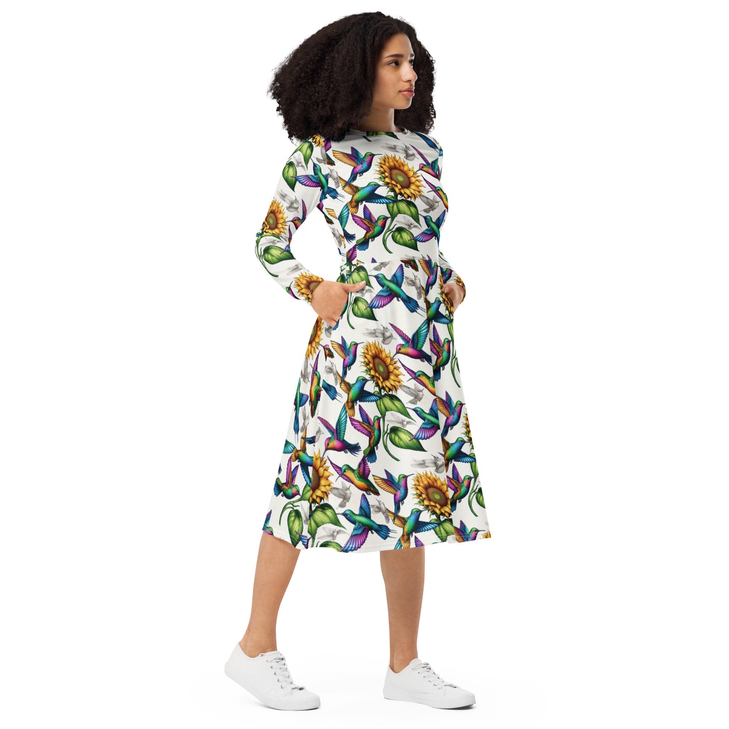 Hummingbirds and Sunflowers All-over print long sleeve midi dress by Gregg Acini Adoree Designs