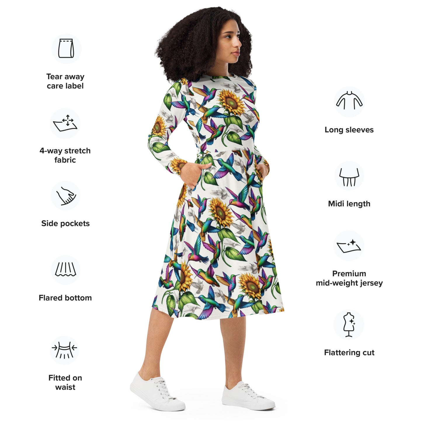 Hummingbirds and Sunflowers All-over print long sleeve midi dress by Gregg Acini Adoree Designs