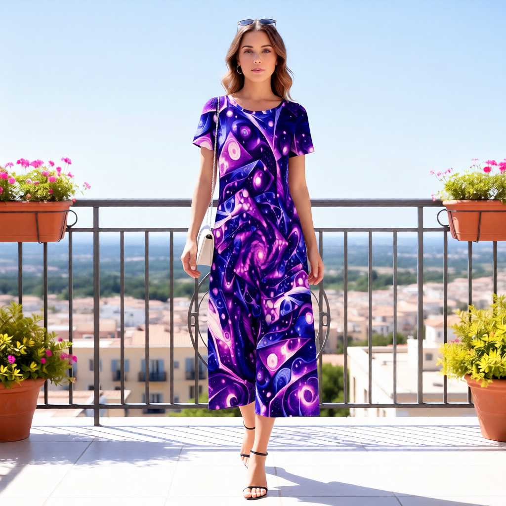 Galactic Purple Crew Neck Short Sleeve Maxi Dress