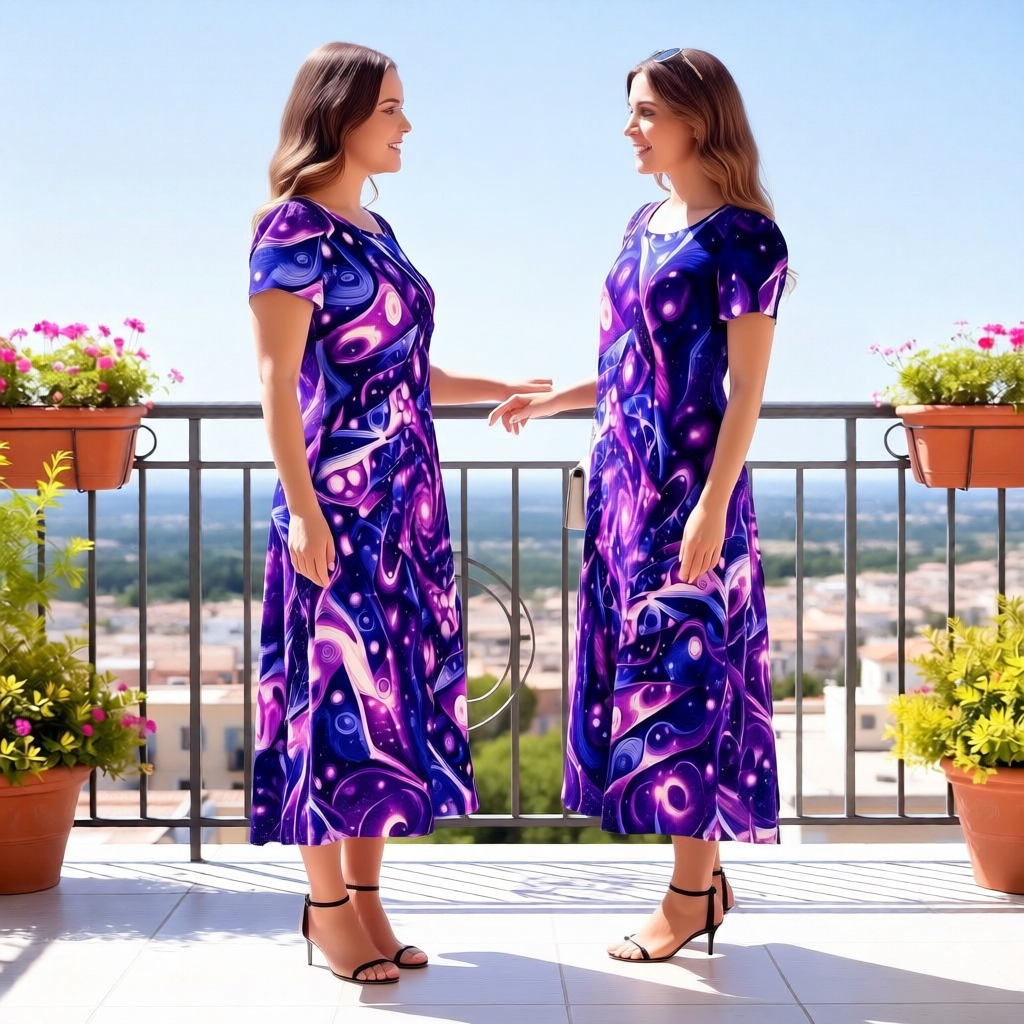 Galactic Purple Crew Neck Short Sleeve Maxi Dress