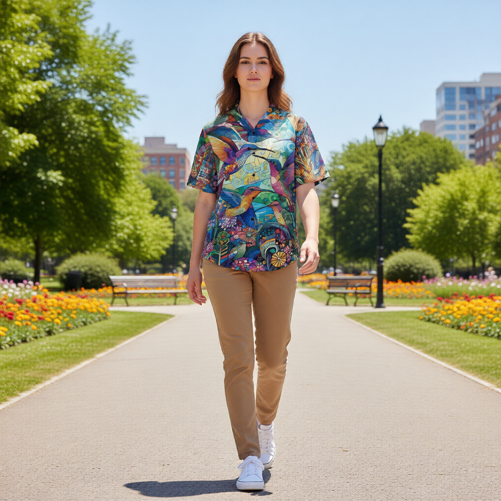 Hummingbird Kaleidoscope Hawaiian Shirt with Chest Pocket