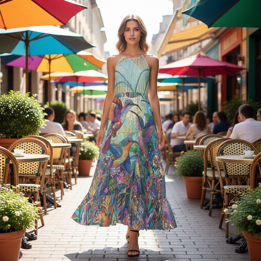 Hummingbird Kaleidoscope Ruffle Hem Halter Neck Maxi Dress