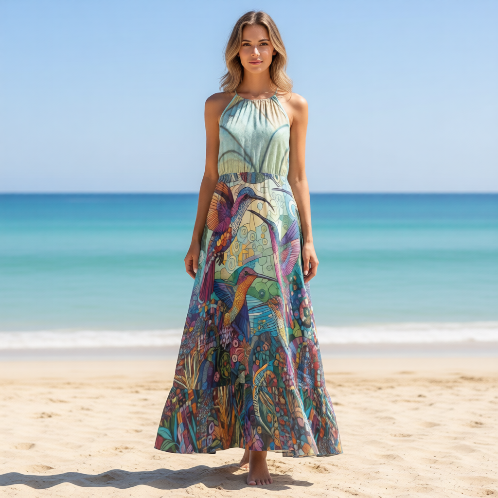 Hummingbird Kaleidoscope Ruffle Hem Halter Neck Maxi Dress