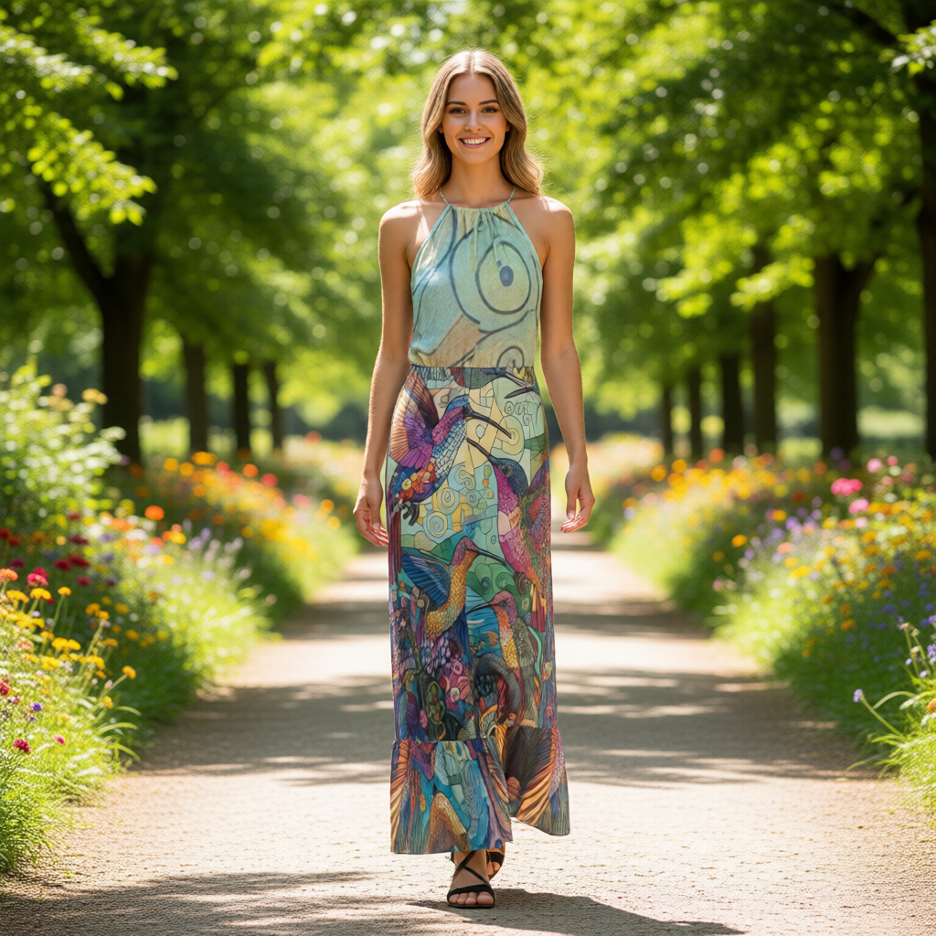 Hummingbird Kaleidoscope Ruffle Hem Halter Neck Maxi Dress