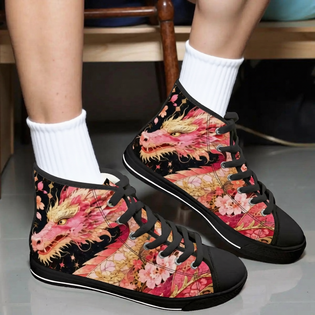 Pink and Gold Sakura Dragon Unisex High Top Canvas Shoes (women's sizes)