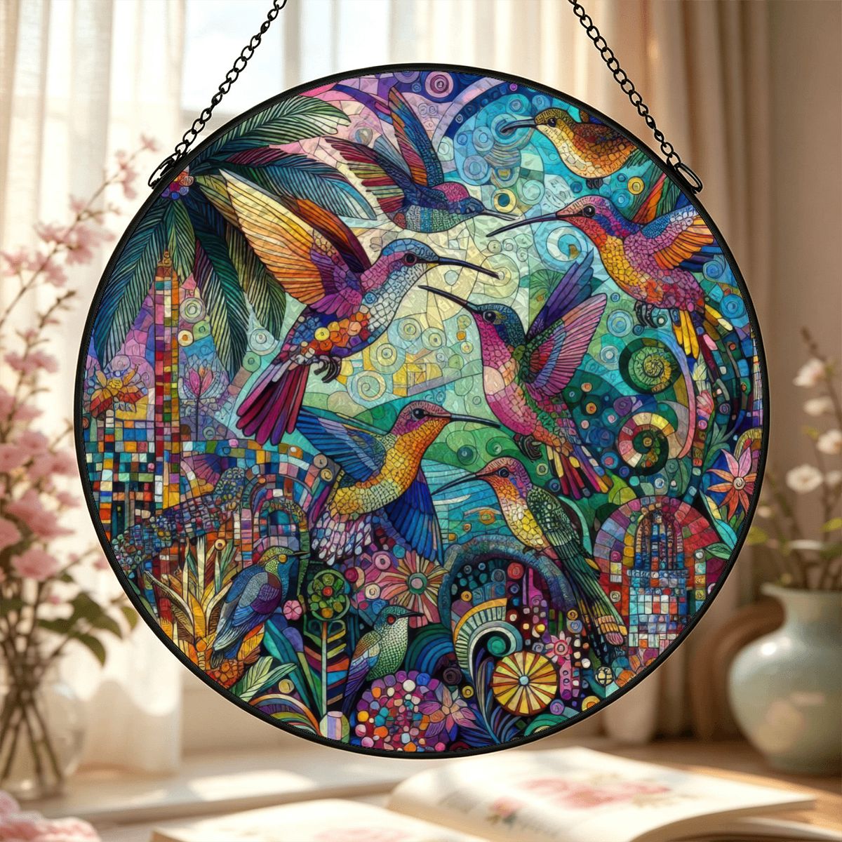 Hummingbird Kaleidoscope Stained Glass Effect Suncatcher Window Hanging (Made in USA)
