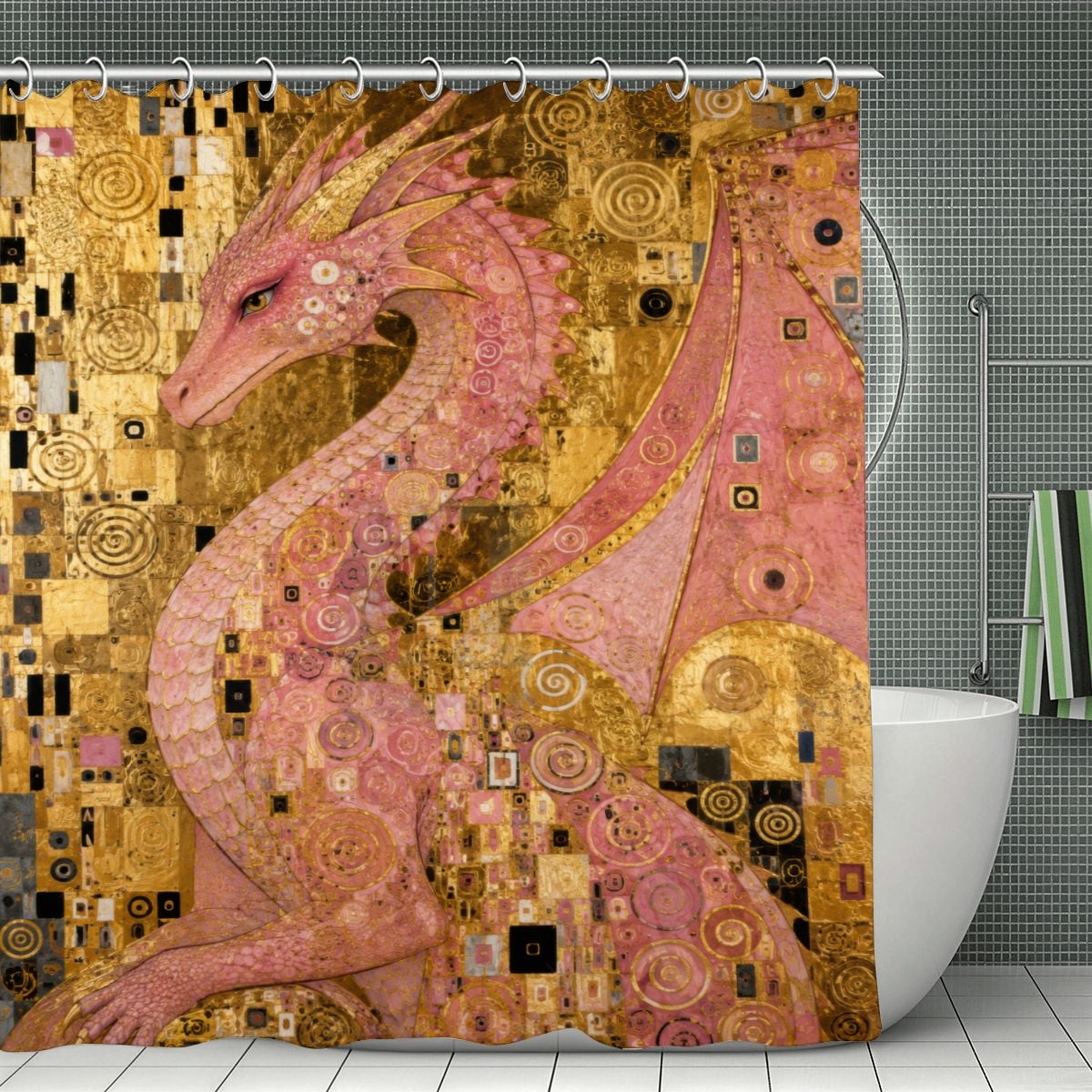 Pink Dragon Shower Curtain | Klimt Gold Mosaic Art