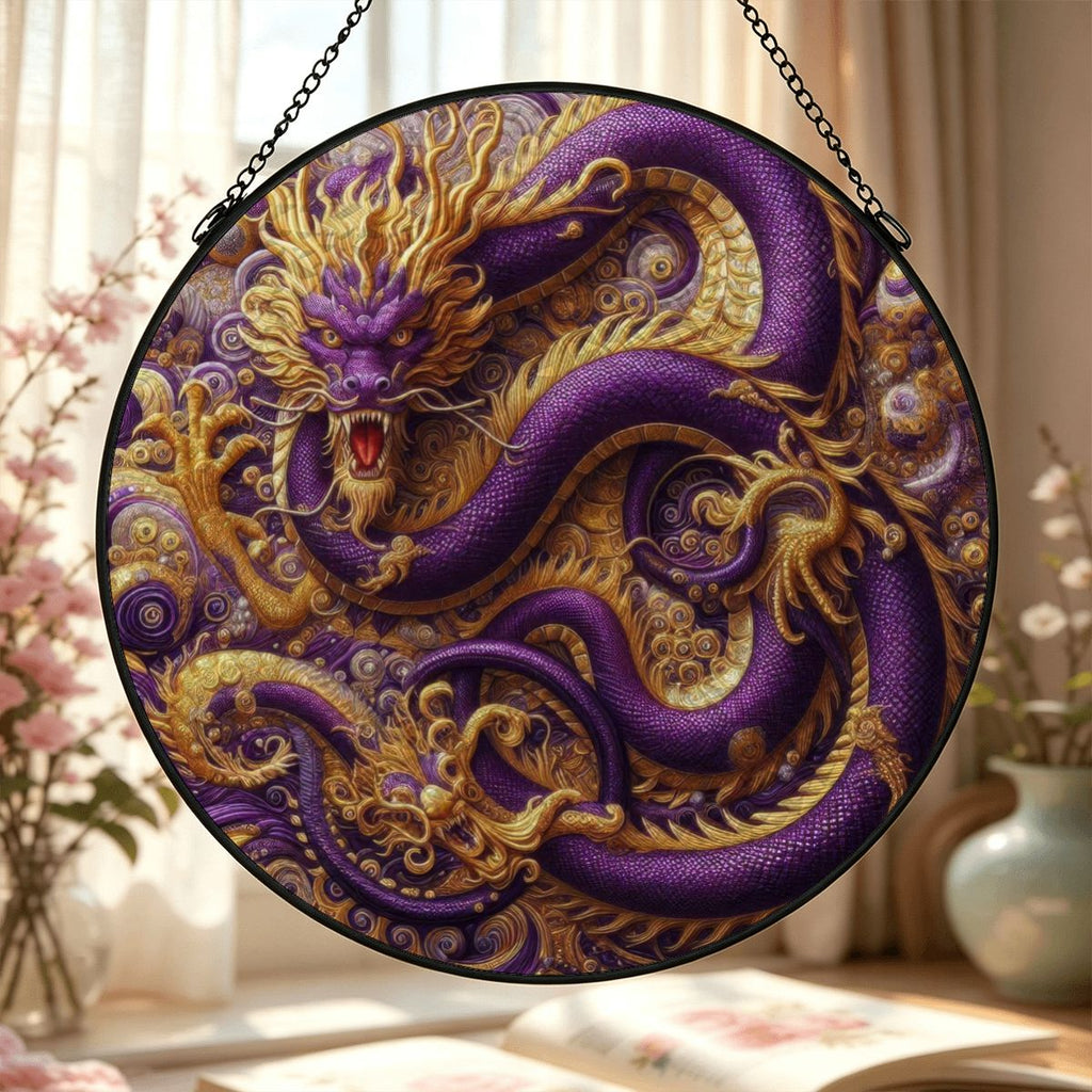 Purple Dragon Stained Glass Effect Suncatcher Window Hanging (Made in USA)