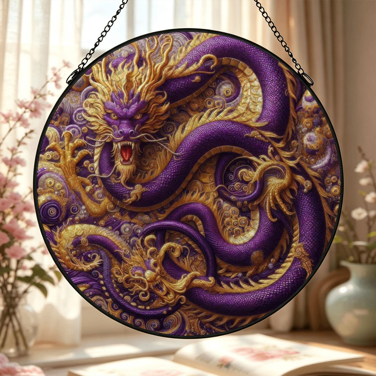 Purple Dragon Stained Glass Effect Suncatcher Window Hanging (Made in USA)