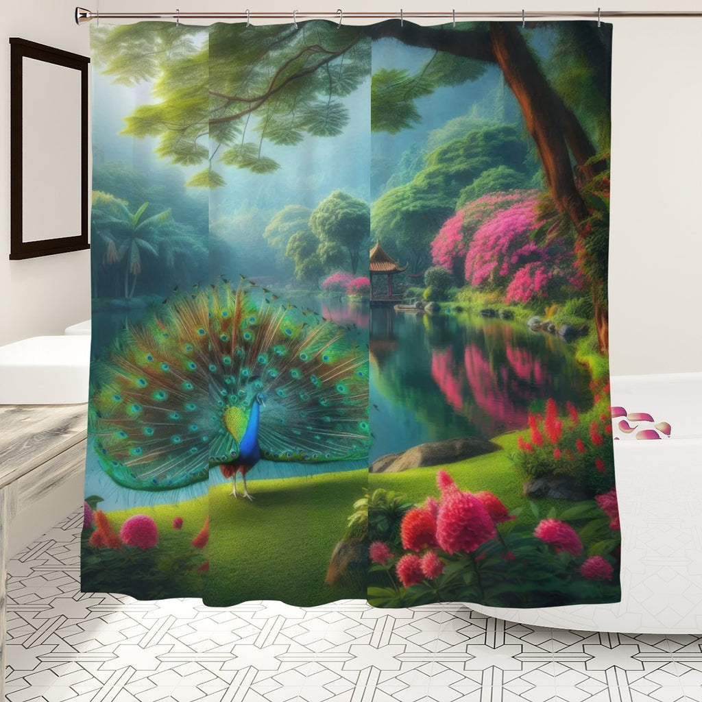 Peacock with Rhododendrons Shower Curtain