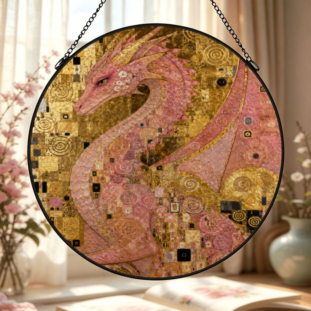 Pink Dragon Stained Glass Effect Suncatcher Window Hanging (Made in USA)