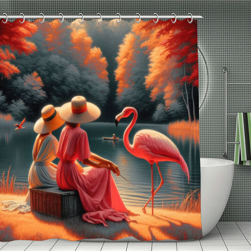Two Ladies with a Flamingo Shower Curtain | Romantic Landscape Art