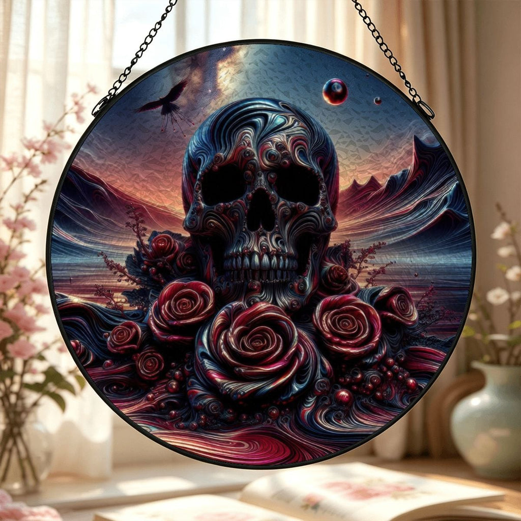 Skull and Roses Stained Glass Effect Suncatcher Window Hanging (Made in USA)