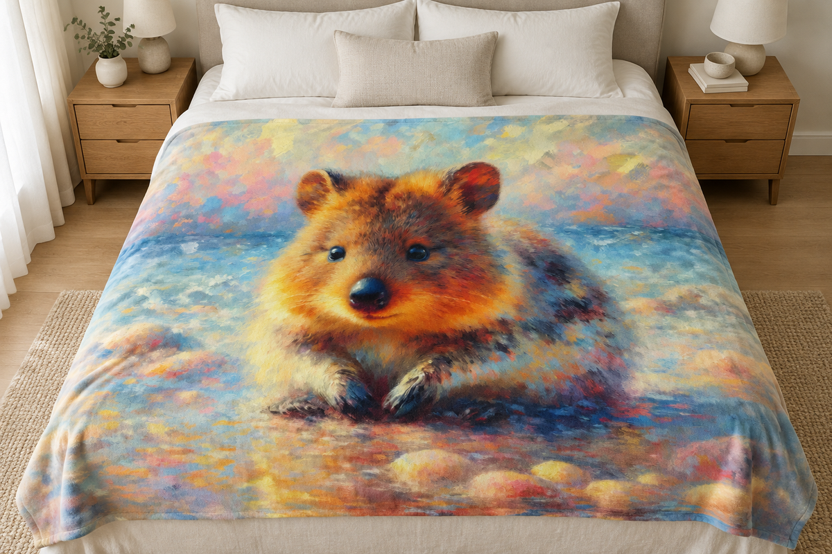 Baby Quokka blanket on a bed