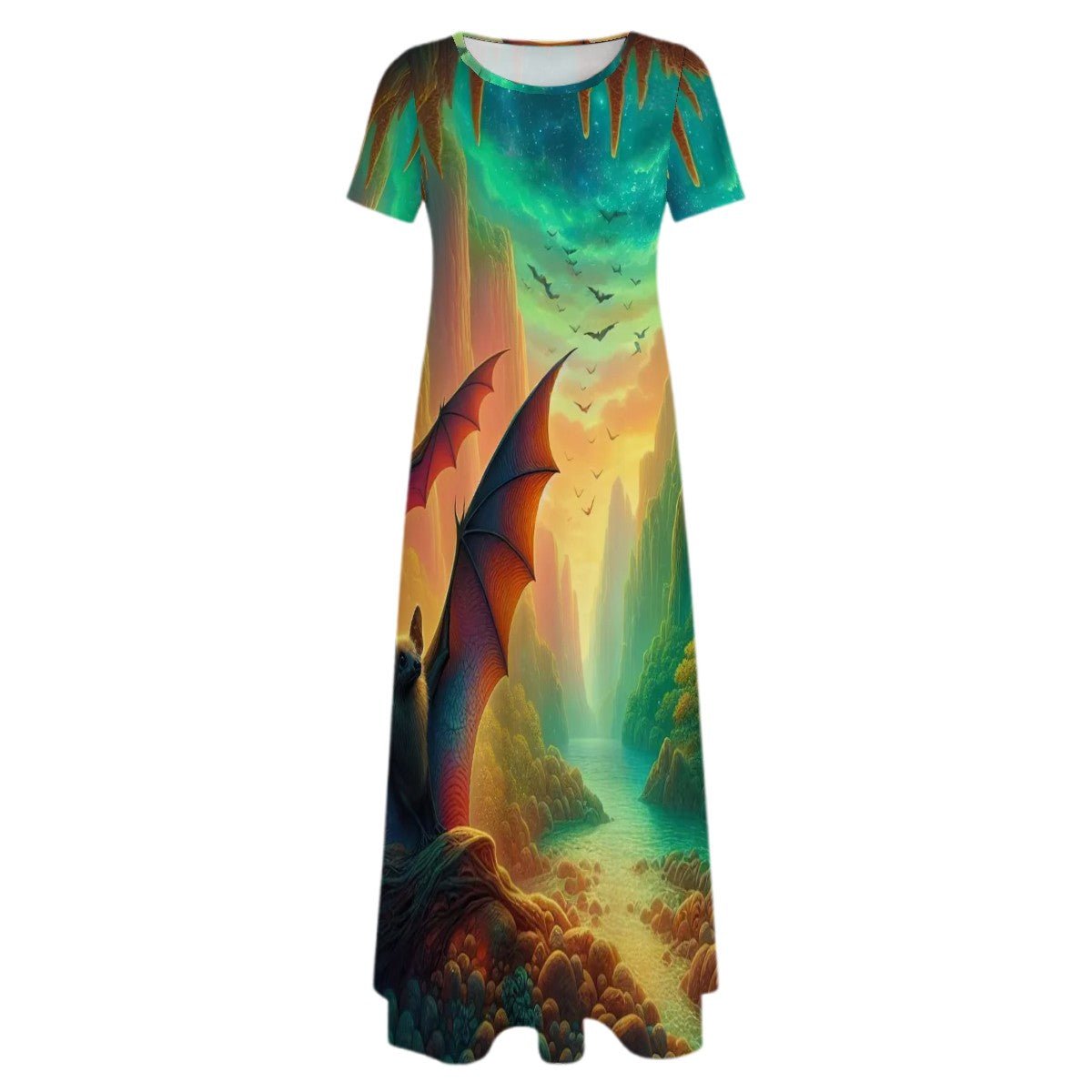 Bat Paradise Crew Neck Short Sleeve Maxi Dress - Gregg Acini Adoree Designs - Dress