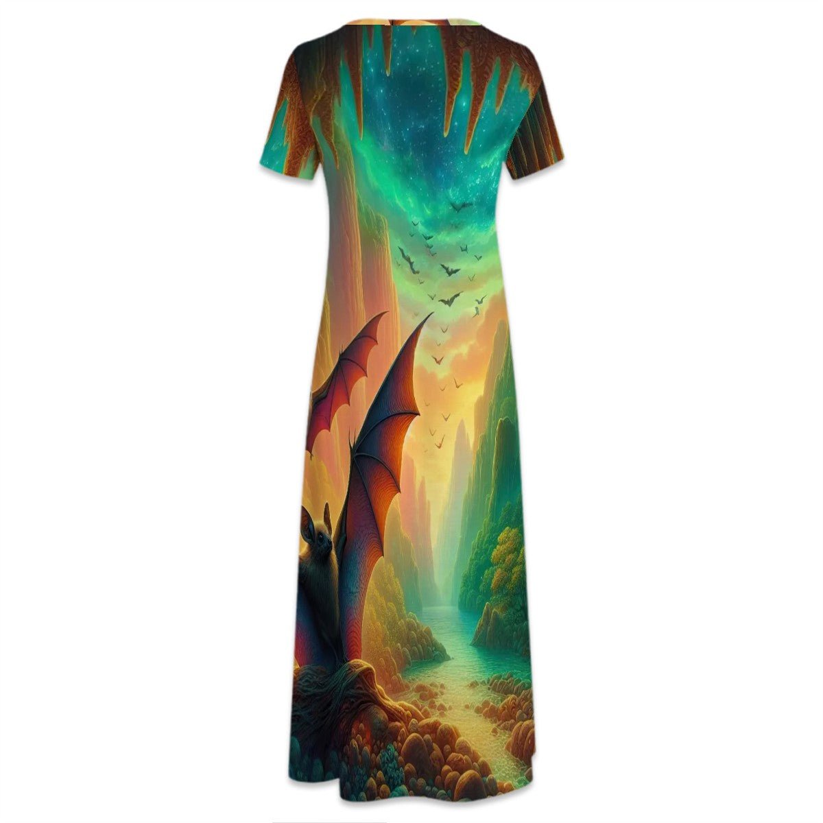 Bat Paradise Crew Neck Short Sleeve Maxi Dress - Gregg Acini Adoree Designs - Dress