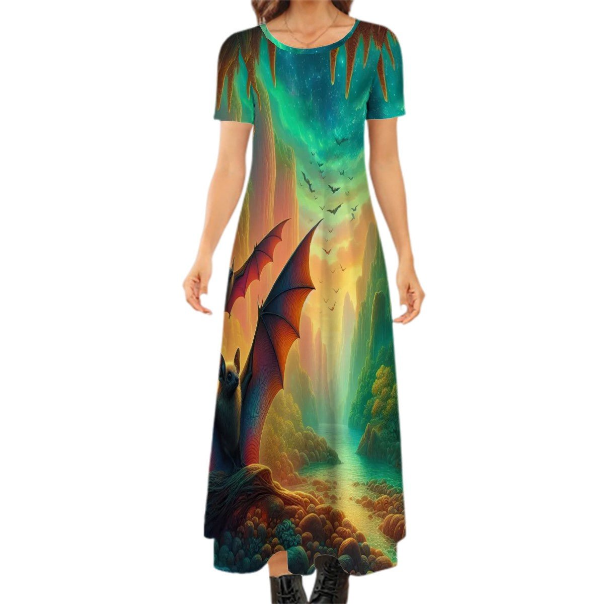Bat Paradise Crew Neck Short Sleeve Maxi Dress - Gregg Acini Adoree Designs - Dress