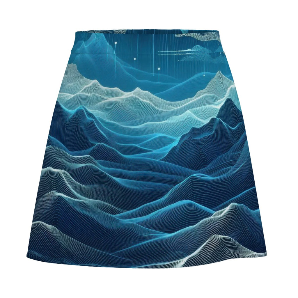 Deep Teal Waves Mini Skirt | Line Abstract Wearable Art