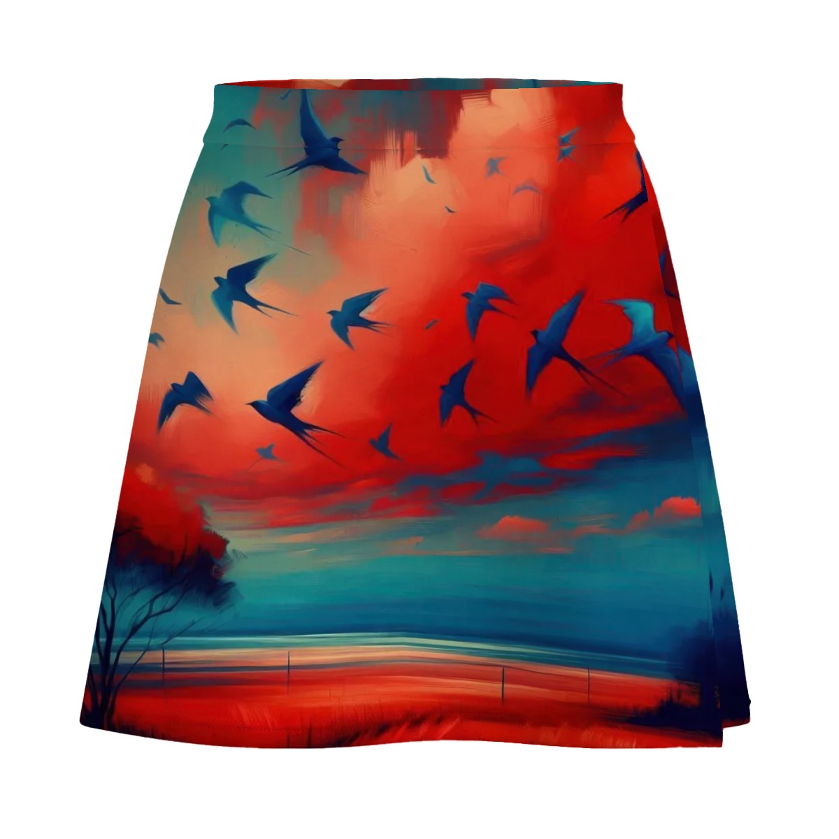 Scarlet Sunset with Birds Mini Skirt | Nature-Inspired Wearable Art