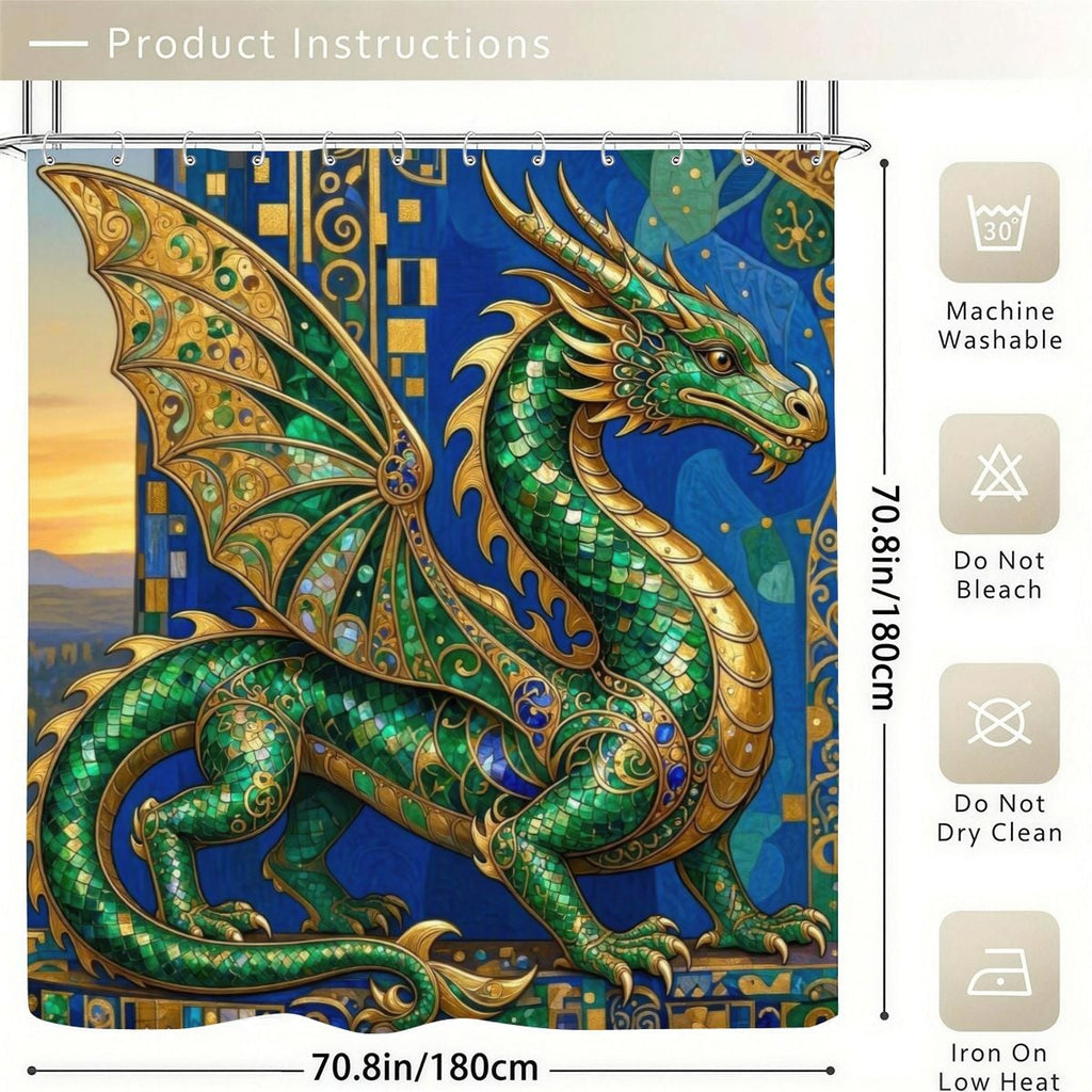 Emerald Dragon Shower Curtain | Klimt Jewel & Gold Filigree Art