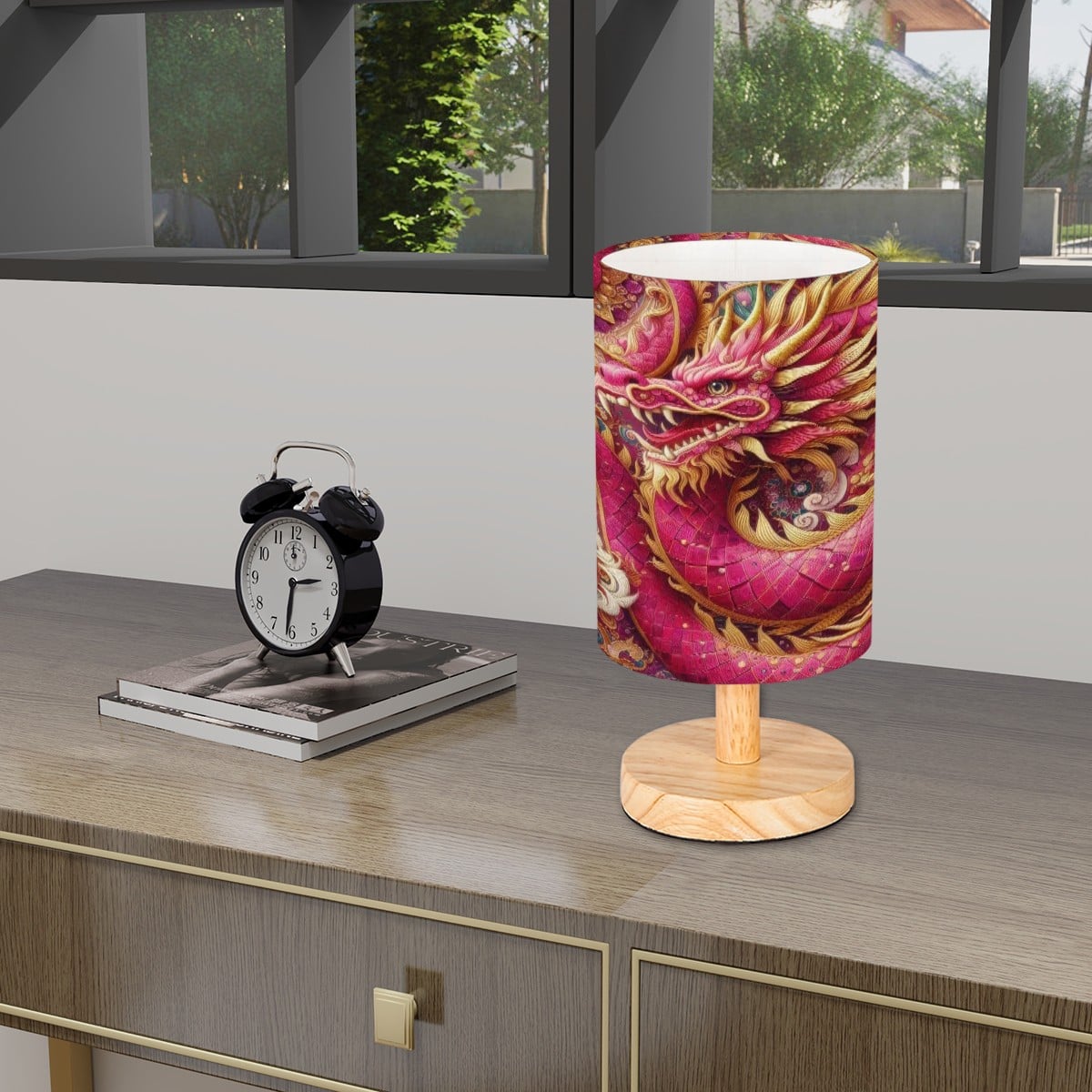 Crimson Dragon Cylindrical Table Lamp