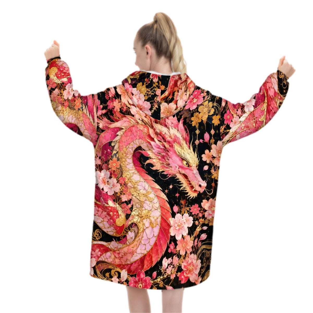 Pink and Gold Sakura Dragon Blanket Hoodie