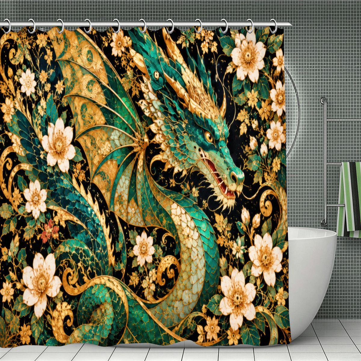 Gilded Jade Dragon Shower Curtain