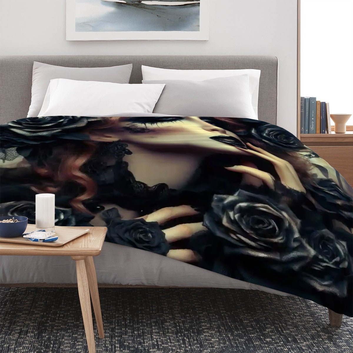 Black Roses 300 GSM Flannel Throw Blanket (Made in USA) - Gregg Acini Adoree Designs - Blanket