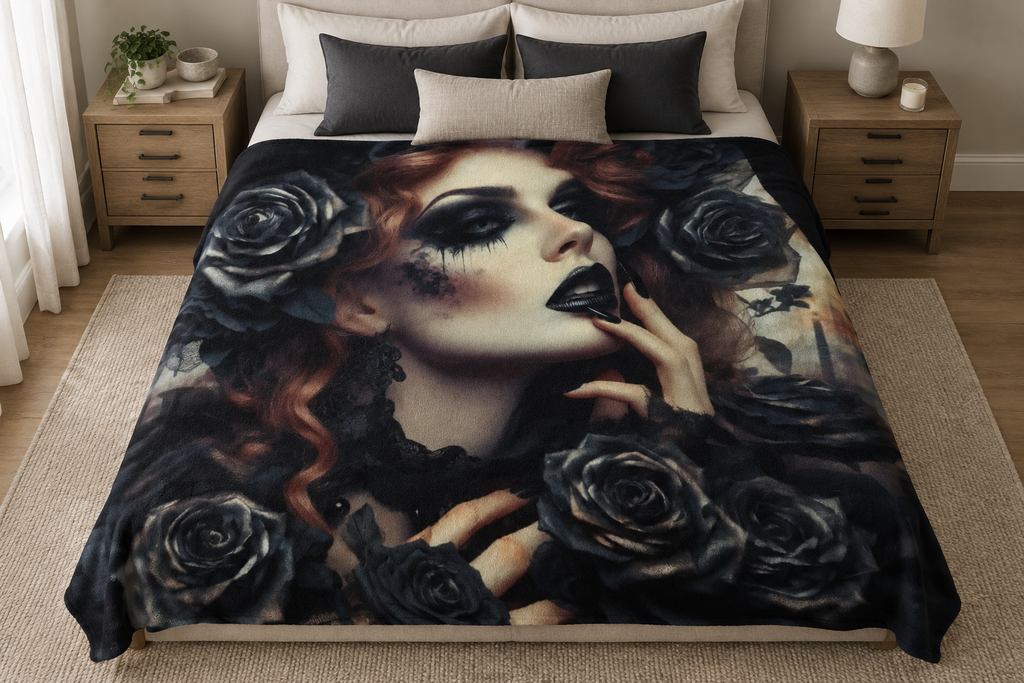 Black Roses blanket on a bed