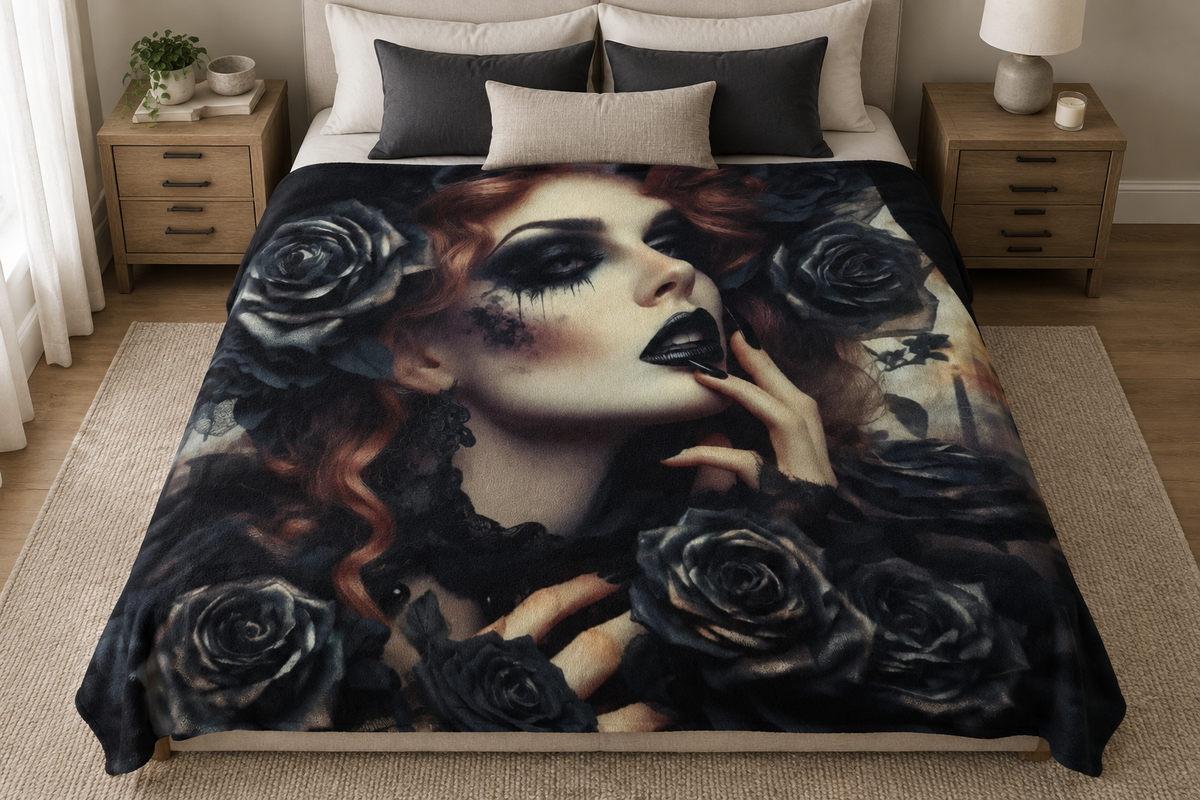 Black Roses blanket on a bed
