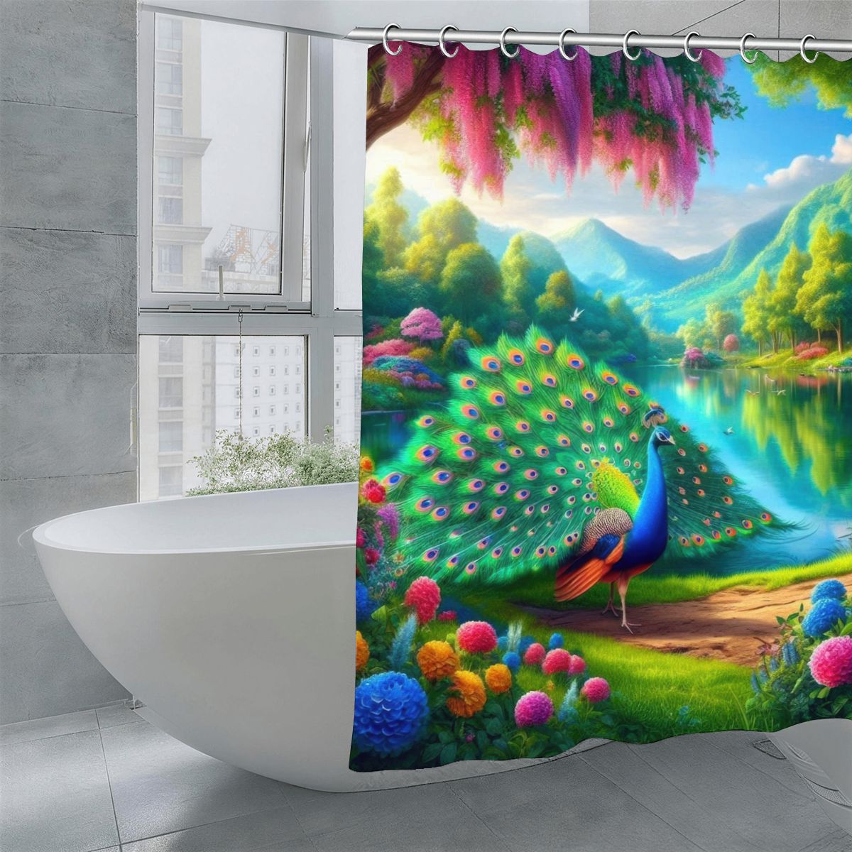 Peacock Under Wisteria Shower Curtain | Fantasy Garden Art