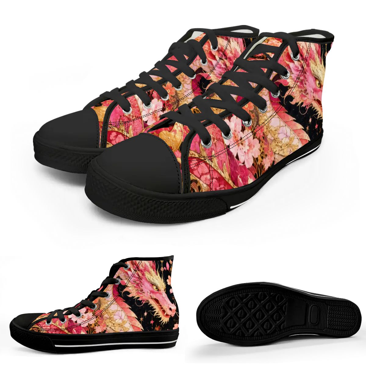 Pink and Gold Sakura Dragon Unisex High Top Canvas Shoes (women's sizes)