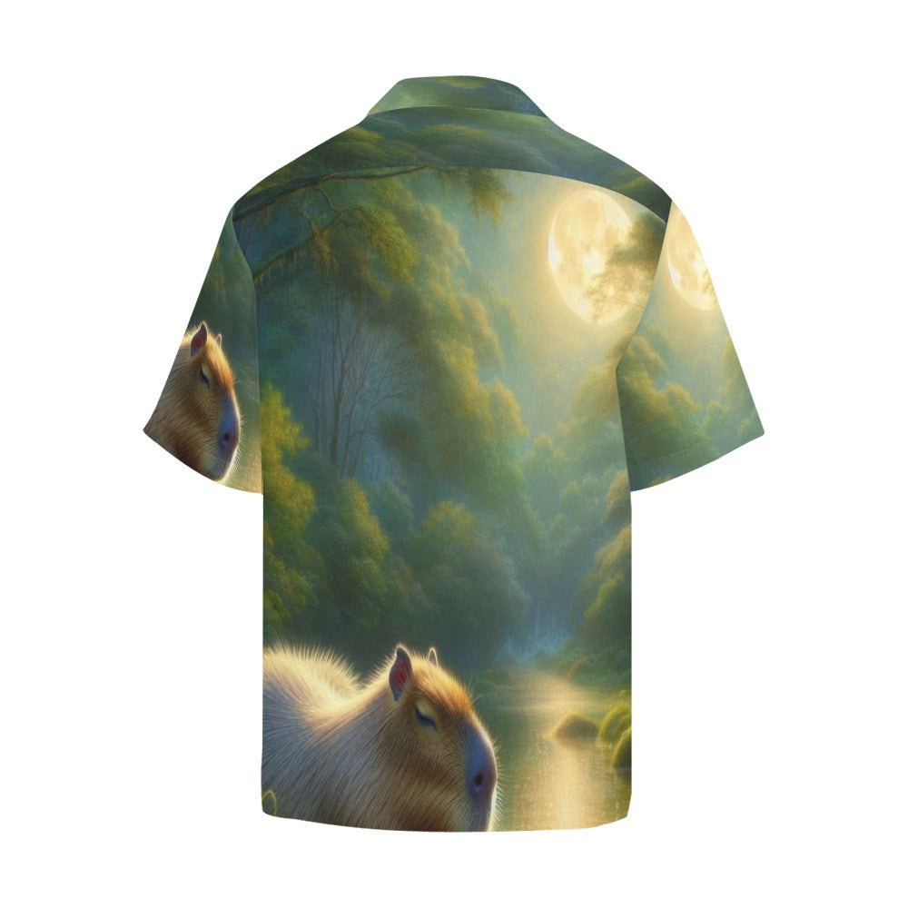 Capybara Under a Golden Moon Hawaiian Shirt without pocket