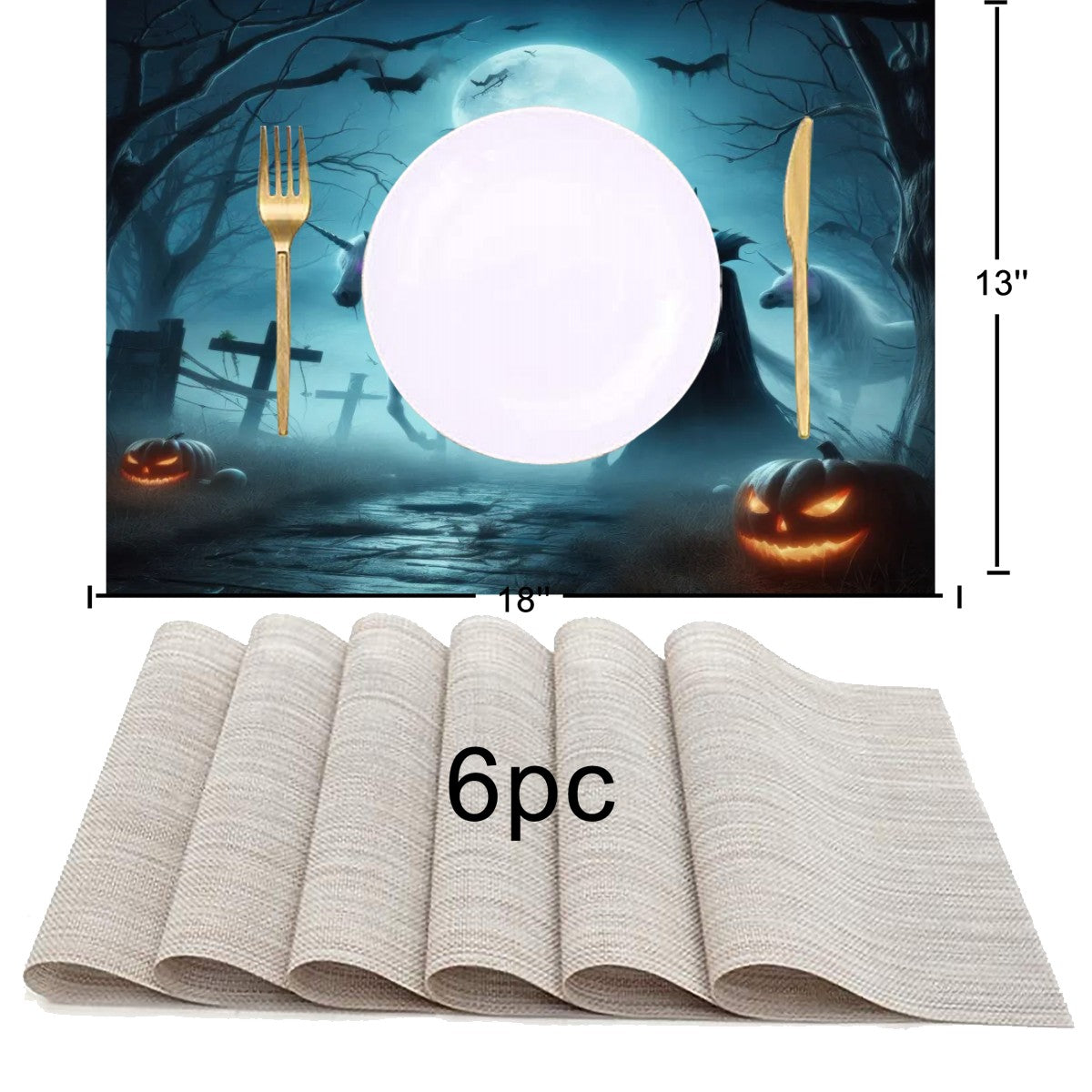 Halloween Unicorns Mixed Table Runner Placemat Set 7 Pieces