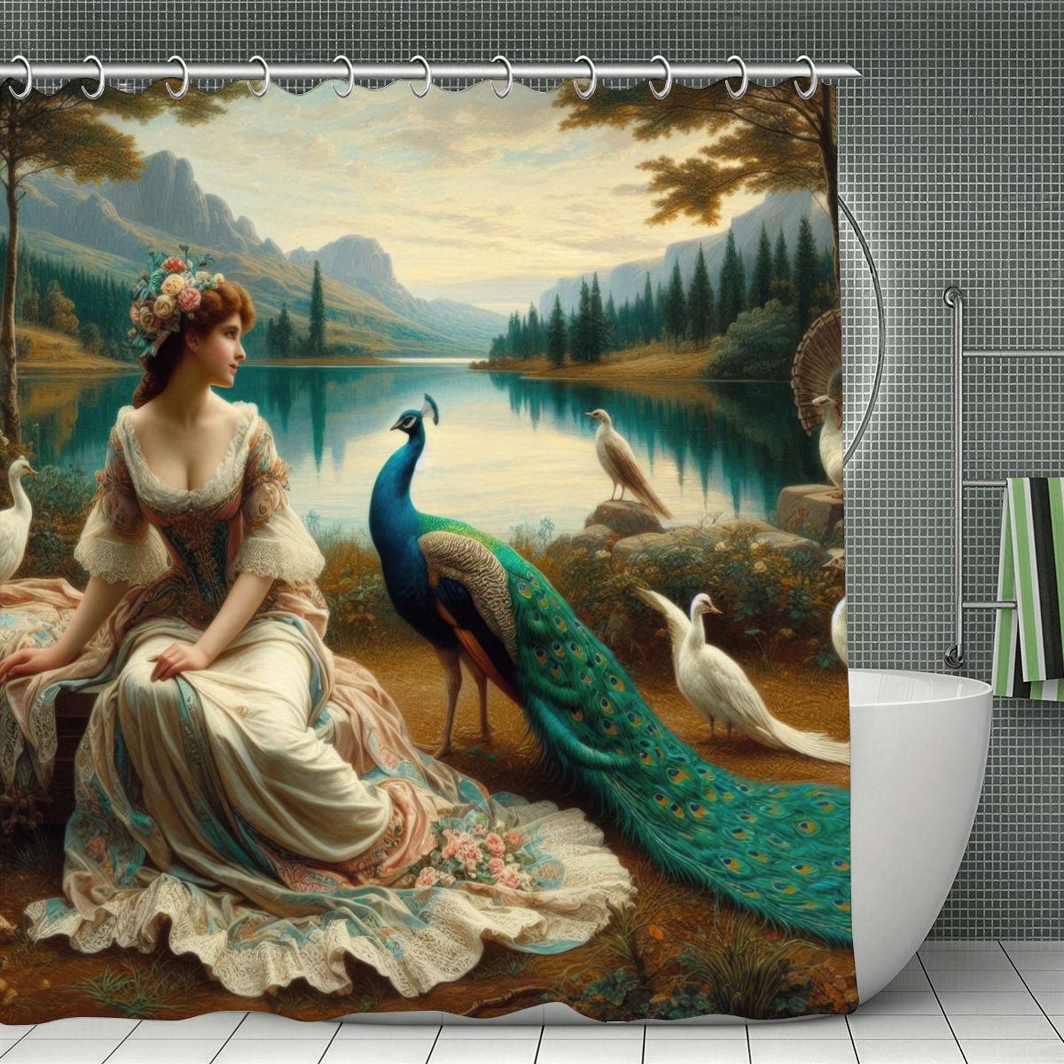 Portrait of a Lady and a Peacock Shower Curtain | Romantic Art