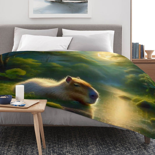 Capybara Under a Golden Moon 300 GSM Flannel Throw Blanket (Made in USA) - Gregg Acini Adoree Designs - Blanket